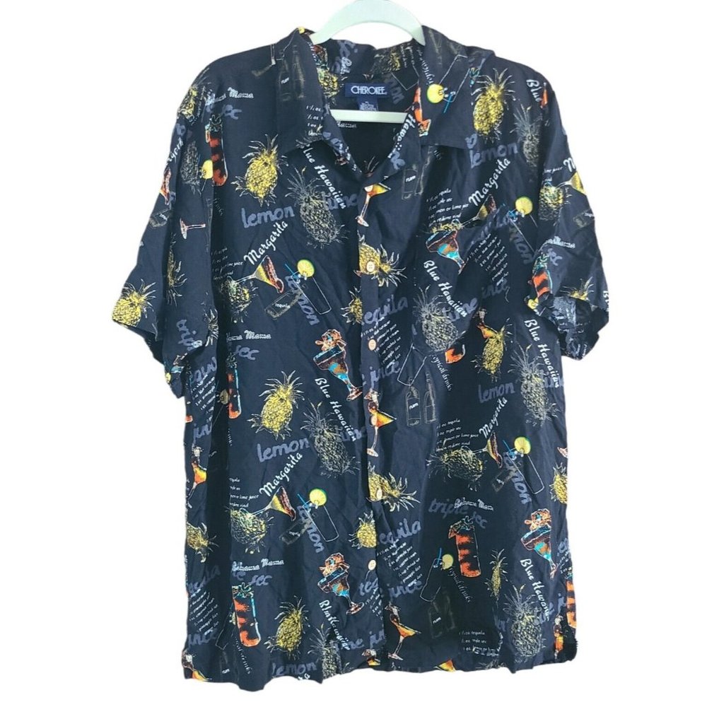 Men's Cherokee Hawaiian Camp Shirt Black - Tropical Drinks - Unique!  Size XL